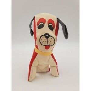 CARNIVAL FAIR PRIZE Toy STUFFED DOG Plush 1960s KITSCHY  Red White 8.50” Vintage